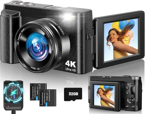 Appareil photo numérique 4K pour photographie autofocus, caméra de vlogging 48 MP avec flash, zoom 16x, carte SD 32 G, 2 piles, écran rabattable à 180° de 7,6 cm, appareil photo de voyage compact pour