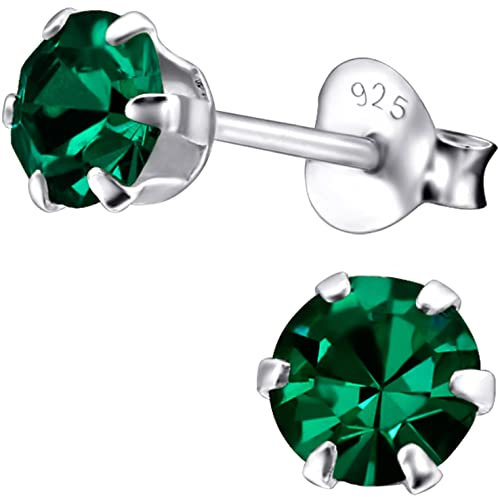 EYS JEWELRY Damen Ohrstecker 925 Sterling Silber – 5 mm runde Zirkonia Kristalle in Smaragdgrün – Klassische Silber Ohrringe für Frauen