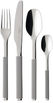 Villeroy & Boch – S+ Taupe Couverts De Table 24 Pièces 6 Personnes, Garanti Lave-Vaisselle, Ensemble Couvert, Set De Couverts De Table, Acier Inoxydable, Manche Recouvert De Silicone Gris
