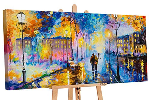YS-Art | Acryl Gemälde Romantischer Abend | Handgemalte Leinwand Bilder | 130x70cm | Wandbild Acrylgemälde | Moderne Kunst | Leinwand | Unikat | Blau