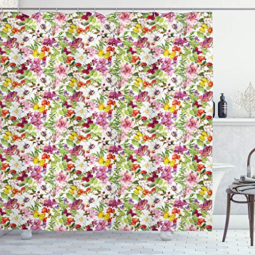ABAKUHAUS Retro Duschvorhang, Französische Vintage Blumen, mit 12 Ringe Set Stielvoll Modern, 175x200 cm, Reseda Grün Blasser Kaffee