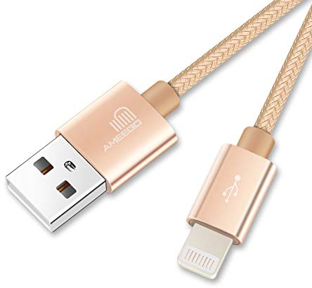 ameego 6.6ft Strong Nylon Braided Lightning to USB iPhone Cable with Compact Connector for iPad air 2/iPad Mini/iPhone X/8/8 Plus/7/7 Plus/6/6 Plus/6S/6S Plus/5/5S/SE and More (Gold)