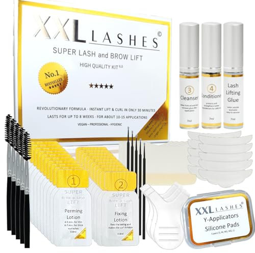 Juego de Super Lash & Brow Lift de XXL Lashes, kit de levantamiento permanente de cejas, Laminación pestañas, tiempo de aplicación 5-6 min, 56 pz para aprox. 15 aplicaciones, manual incl.