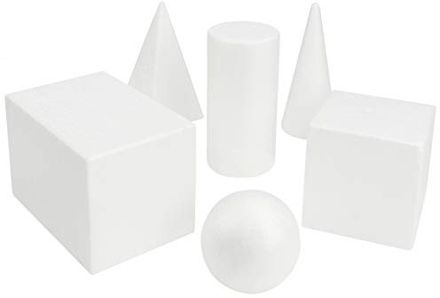 BELLE VOUS Geometrische Formen 3D Weiß aus Schaumstoff (6 STK) – Feste Solide Geometrieformen Styropor Körper Schaum Foam Steckschaum – Spielzeug, Lernen, Schule, Zeichnen, Mathematik, Geometrie