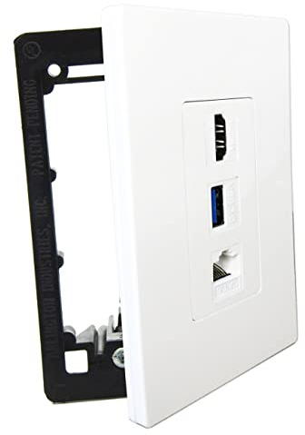 diyTech Premium 1 HDMI, 1 USB, 1 Ethernet Cat 6 RJ45, paso a través, con soporte de montaje, para configuraciones Ethernet HDMI USB, toma de placa de pared sin tornillos, color blanco