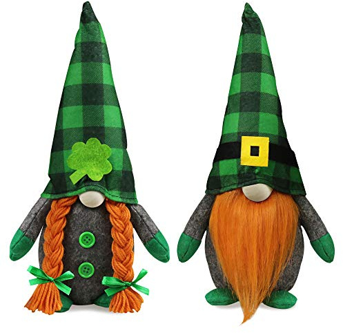 Tifeson St.Patrick's Day Gnome Plush Elf Decorations - Mr and Mrs Green Buffalo Check Plaid Handmake Scandinavian Tomte - Saint Patrick's Day Irish Decorations, Home Table Ornament