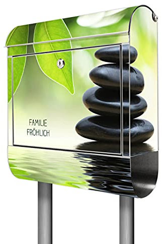 banjado® Briefkasten mit Standfuß personalisiert Motiv Steine&Relax - Stand Briefkasten Edelstahl mit Zeitungsfach - Postbox/Postkasten A4 Einwurf inkl. Montagematerial & 2 Schlüssel