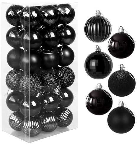 Favuit Christmas Baubles, Christmas Tree Decorations Ornament Balls Shatterproof Xmas Tree Plastic Hanging Ball 4cm 36pcs Baubles Glitter Pendant Bulk Set for Holiday Wedding Party Decor(black)