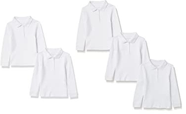 Amazon Essentials Girls' Long-Sleeve Interlock Polo Shirts, Pack of 5, White, 3 Years
