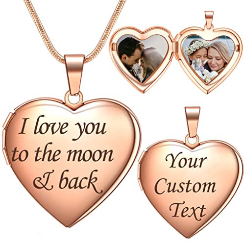 Farfume Heart Locket Necklace for Women, Engraved Text Hold Two Photos Necklace, Personalised Photo Jewellery Gifts for Family& Friends(3B Glossy-Rose Golden)