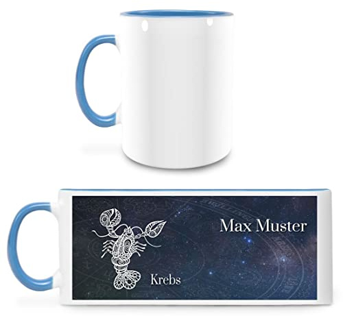 Manutextur Tasse mit Namen - personalisiert - Motiv Sternzeichen Krebs - viele Farben & Motive - weiß/hellblau - Größe - persönliches Geschenk mit Wunsch-Motiv und Wunsch-Name