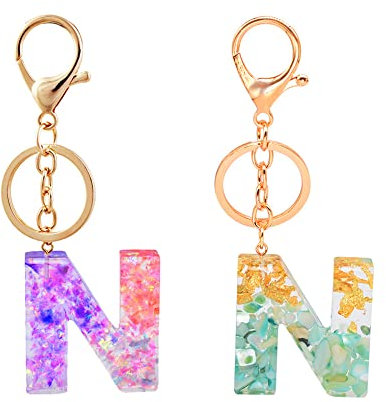 Lyxtiorn 2Pcs Brief Schlüsselanhänger, Harz Schlüsselanhänger, Brief Schlüsselanhänger mit Blumen, Alphabet A-Z Schlüsselanhänger für Frauen Mädchen Geburtstag Geschenke (Alphabet N)