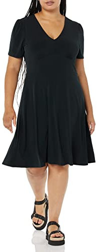 Amazon Essentials Women's Short-Sleeve V-Neck Gathered Fit and Flare Dress, Black, M