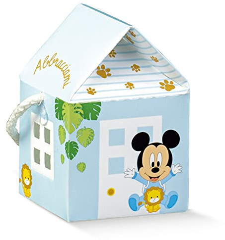 Ingrosso e Risparmio Set mit 12 Schachteln Disney Mickey Mouse in Form eines Hauses mit Schnur für Konfekt oder Kleinkinder - Mitgebsel Geburt Junge