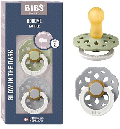 BIBS Boheme Glow Schnuller 2er-Pack. BPA-frei. Leuchtet im Dunkeln., Kirschform Nippel. Naturkautschuk/Latex, Hergestellt in Dänemark. 6-18 Monate (2er Pack), Sage Glow/Cloud Glow