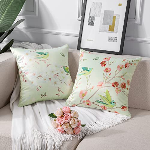 Artscope 2er Set Vogel Blume Muster Kissenbezüge 45x45cm, Weiche Faux Seide Kissenhüllen Kissen Fall für Sofa Auto Schlafzimmer, Hellgrün