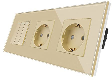 CNBINGO Doppelsteckdose mit Lichtschalter unterputz, Gold Wandschalter mit Glasplatte, mit Leuchtstoffpunkten, 3-Fach, 1- poliger Ausschalter