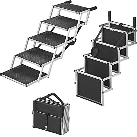 ProPlus Hundetreppe klappbar 5 Stufen Auto Hunde Treppen Hunderampe faltbar Tiertreppe, ca.: 155 x 39,5 x 10 cm, Schwarz Silber