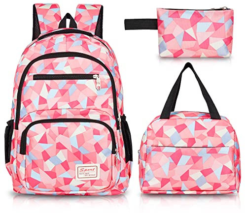 Sarmeley Backpack School Bag Lightweight for Girls Boys, 3 in 1 Book Bag Set Large Capacity, Waterproof Rucksack with Lunch Bag and Pencil Case for Kids Children Students Teenagers, Pink