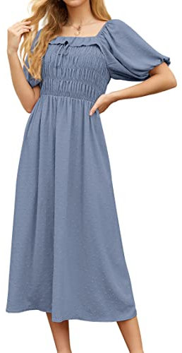 GRECERELLE Womens Summer Casual Midi Maxi Dress Square Neck Half Sleeve Ruffled Backless Smocked Elastic Waist Swiss Dot Cocktail Long Dresses for Ladies (Haze Blue, L)