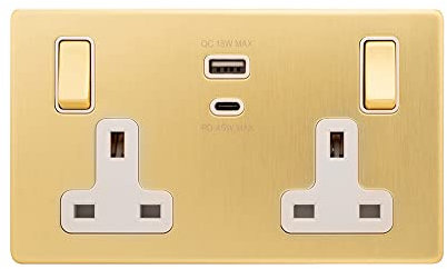 Super Fast Charging Socket Soho Lighting Brushed Brass with White Insert 13A amp 2 Gang USB A+C Power UK Double Socket Charge Smart Efficient 45