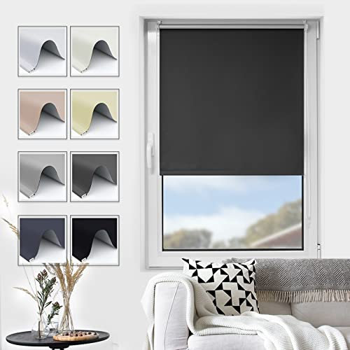 Grandekor Verdunklungsrollo ohne Bohren/mit Bohren Schwarz 85x150cm(BxH), Thermorollo ohne Bohren Verdunkelung mit Klemmfix Fensterrollo Klemmrollo Wand- & Deckenmontag Rollos für Fenster & Tür