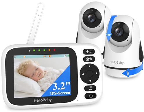 HelloBaby Babyphone mit 2 Kameras ohne WLAN, 3,2 Zoll, 2 Wege Audio | 320° Schwenk, 120° Neige, Zoom, Temperaturanzeige, Nachtsicht, 305m Reichweite, ECO, 8 Schlaflieder, Fütterungsalarm HB6339-2