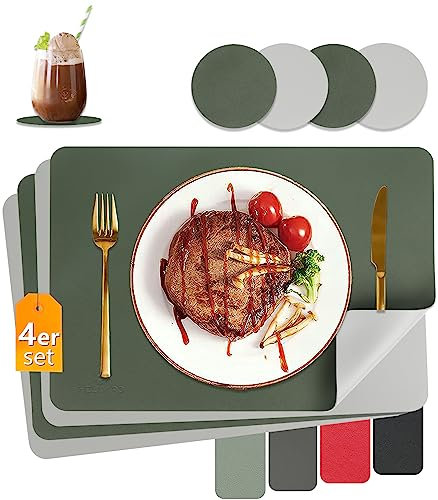 HELI MIAO Tischsets Abwaschbar,Platzsets Abwischbar,Tischset Leder,Hitzebeständig Doppelseitigen I 4er Set Platzdeckchen Lederoptik mit Untersetzer,Tischuntersetzer,Platzdecken(Olivgrün Grau)