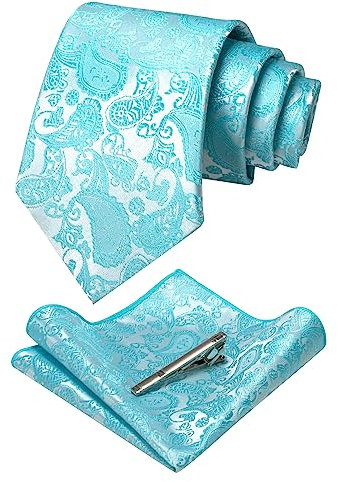 JEMYGINS helles Cyan 2 krawatte Paisley Seide Herren Krawatten und Einstecktuch mit krawattenklammer Sets