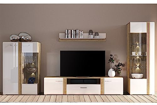 Lomadox Wohnwand Anbauwand Fernsehwand TV Wand in Eiche Nb. modern mit Fronten in Hochglanz weiß 4-teilig, Highboard, TV-Lowboard, Wandregal und Vitrinenschrank, inkl. LED Beleuchtung