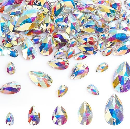 AHANDMAKER 75 strass in vetro da cucire, 5 misure, strass AB a goccia con retro piatto, 2 fori, perline da cucito, decorazioni per fai da te, vestiti, cappelli, scarpe, foro: 1,6 mm