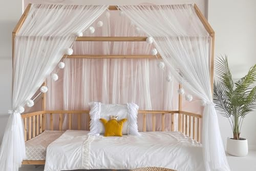 Baby Fancyroom Hausbett Himmel Betthimmel für Kinderbett Kinderzimmer Baldachin Bettvorhang Betthimmel für Mädchen Prinzessin Zimmer (Ecru, 340cm, ohne Pompomgirlande)