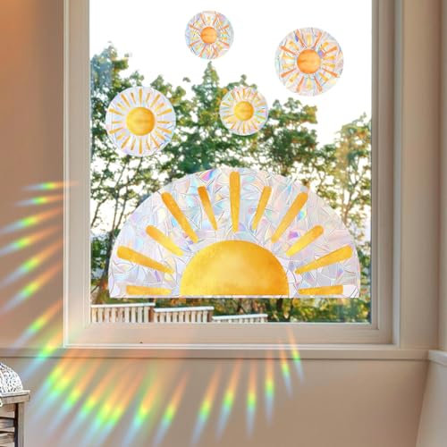 Sonne Fensterbilder Prisma Fensteraufkleber Window Suncatcher Sticker Vogelschutz Prism Fenster Abziehbilder Vögel Anti Kollisions Aufkleber Sonnenfänger für Schiebetüren Fensterfolie Glasscheiben