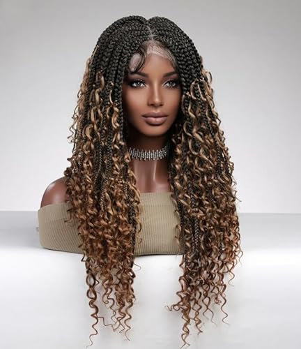26 Inch Japan fibre long braided wig lace front mixed golden black synthetic wigs high Density