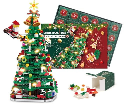 2024 Advent Calendar, Christmas Tree Building Block Set with LED String Lights, 24-Day Christmas Countdown Calendar, Christmas Home Decoration, Toy Gift Box for Boys and Girls, Educational Toy