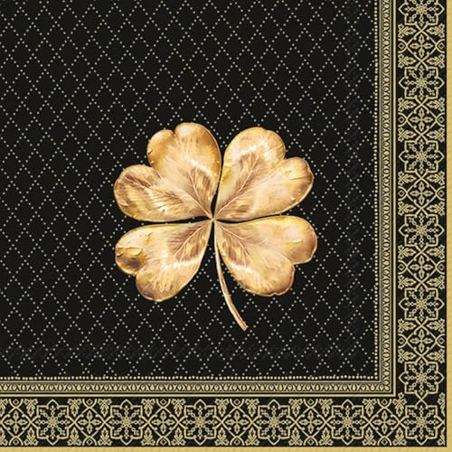20 Servietten Glück Goldenes Kleeblatt auf schwarz als Tischdeko. Papierservietten mit Motiv. Auch für Decoupage und Serviettentechnik 33x33cm