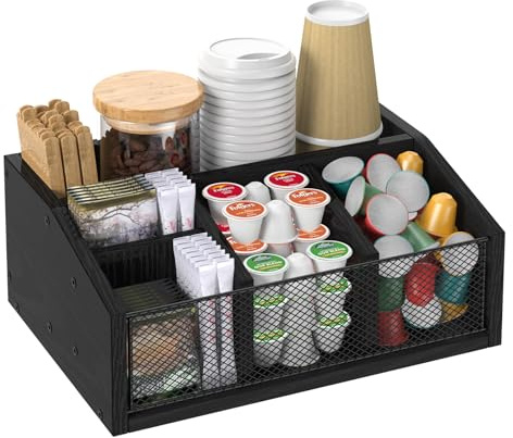 NOVIMANGO Kaffee Zubehör Aufbewahrungsbox mit 4 Fächern, Holz, Schwarz, für Küche und Organizer，Regal Weiß für Zucker, Sirup, Tee, Milch, Servietten, Tassen, Gewürz Zubehör Halter