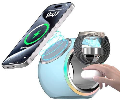 Kuulaa Magsafe Charger Stand 3 in 1 Wireless Charging Station iphone and Watch Charger Stand for iphone 16/15/14/13/12, Apple Watch 9/Ultra/SE/8/7/6/5/4/3, Wireless Charger Airpods Pro/Pro2/3/2, Blue