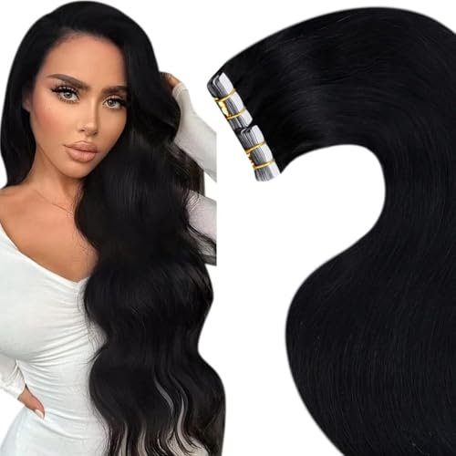 LaaVoo Schwarz Tape Extensions Echthaar 65cm Invisible Echthaar Extensions Tape in Schwarz Remy Glue in Extensions Skin Weft Haarverlängerung Echthaar Glatt 65g 20PCS #1