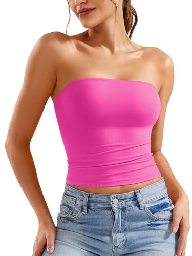 ZAAYO Schulterfrei Tube Top Damen Bandeau Top Y2K Slim Fit Crop Top Sexy Sommer Tops Doppelt Gefüttert Tank Top Rose M