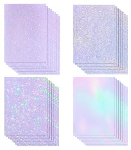 Contenuto – La carta olografica adesiva è in formato A4 (210 x 297 mm) e include 32 fogli. 4 motivi: stelle, glitter, pellicola olografica chiara e vetro rotto. 8 fogli per ciascun motivo.