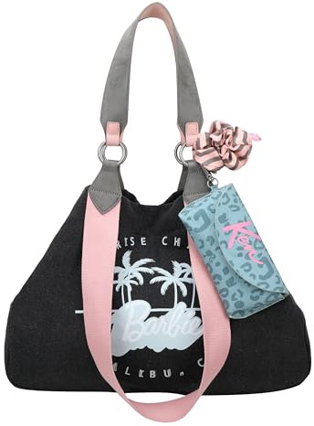 Fritzi Izzy Medium Malibu Denim Limited Barbie Shoulder Bag Recycelter Denim Baumwollmix Damen Schultertasche Handtasche Alltag Reisen Freizeit mit Druckknopf 30 x 43 x 16 cm – Blau, Rosa, Schwarz