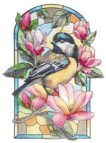 Ideen mit Herz Diamond-Painting-Fensterbild | Glaskunst-Optik | Dekoration & DIY | Material: PET (Kohlmeise mit Magnolien)