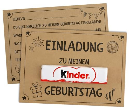 BETESSIN 15x Einladungskarten Kindergeburtstag Junge & Mädchen - Originelle Einladung aus Kraftpapier - Einladungen Kindergeburtstag Jungs - Geburtstagseinladungen Kinder (Ohne Schokolade)