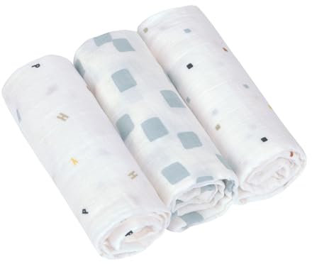 LÄSSIG Baby Puckdecke Spuckdecke Pucktuch Mulltuch 3er Set Baumwolle 60 x 60 cm/Swaddle & Burp Blanket M Happy Fruits blue
