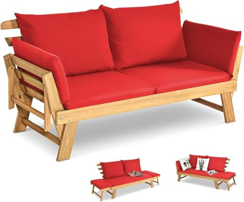 GOPLUS Sofá Cama de Jardín 2 Plazas, 3 en 1 Sofá Exterior Convertible en Tumbona y Cama Individual, Banco de Madera de Acacia con Cojines y Reposabrazos Ajustables, Terraza Patio Piscina (Rojo)