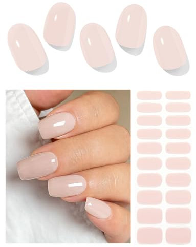 AutyaMee Semi Cured Gel Nail Strips (Natural Nude), 20 Pcs Gel Nail Wraps, Stickers, UV Light Required