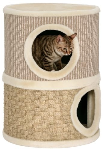 PawHut Barril Rascador para Gatos de 2 Niveles Ø35,5x49 cm Caqui y Café | Torre para Gatos con Cama, Cuerda de Sisal y Algas Marinas, Árbol Rascador