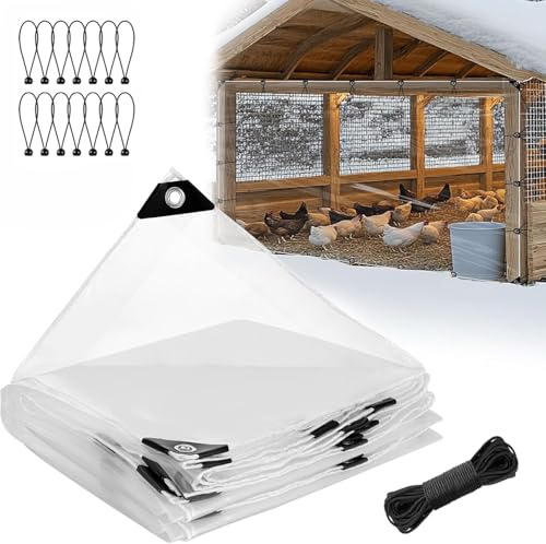 WOOLUCK® Bache Transparente avec Oeillets, bâche en Vinyle Isolante épaisse de 1,8x2,8 m, avec Cordons élastiques et Corde pour poulaillers, porches et terrasses