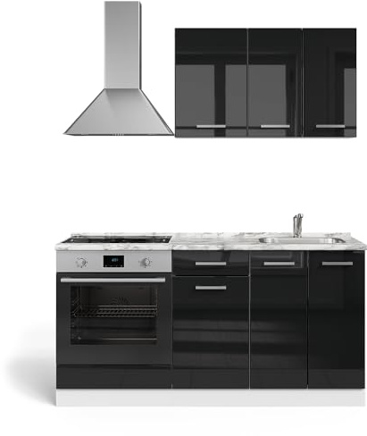 Vicco Singleküche R-Line, Schwarz Hochglanz/Weiß, 160 cm | mit Herdumbauschrank und Spüle ohne AP, zur Integration von Elektrogeräten und Spüle vorbereitet